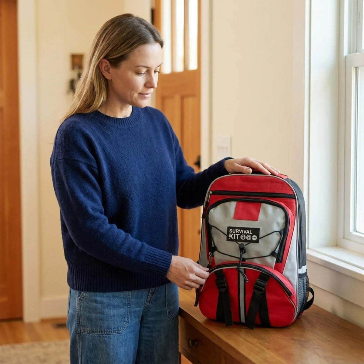Woman zipping the NightWatch emergency kit backpack on a wooden bench by a window