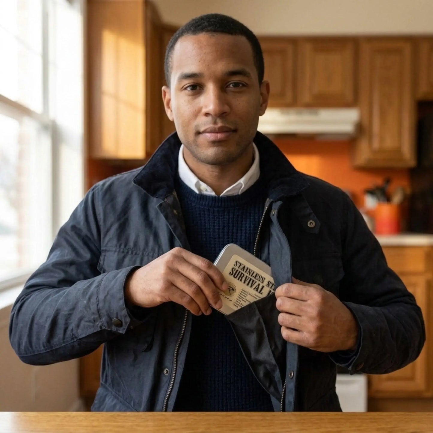 A man in a kitchen setting wearing a navy blue jacket over a dark blue sweater and white collared shirt, holding open a small survival kit labeled 'STRENGTH SURVIVAL'.