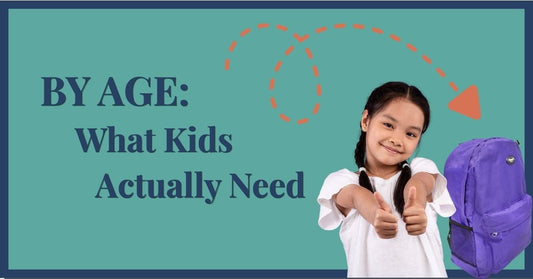 A girl giving a thumbs up beside a purple children's emergency backpack, with the headline "By Age: What Kids Actually Need"