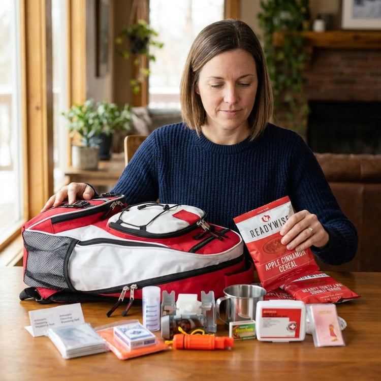 A woman sits at a wooden table in a home setting, looking down at a red, white, and black emergency preparedness kit bag. She holds a red packet of ReadyWise Apple Cinnamon Energy.