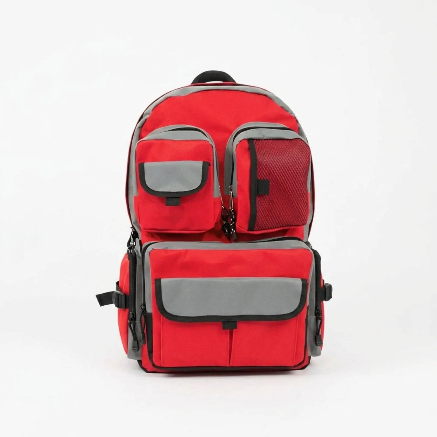 Red and gray backpack on a white background