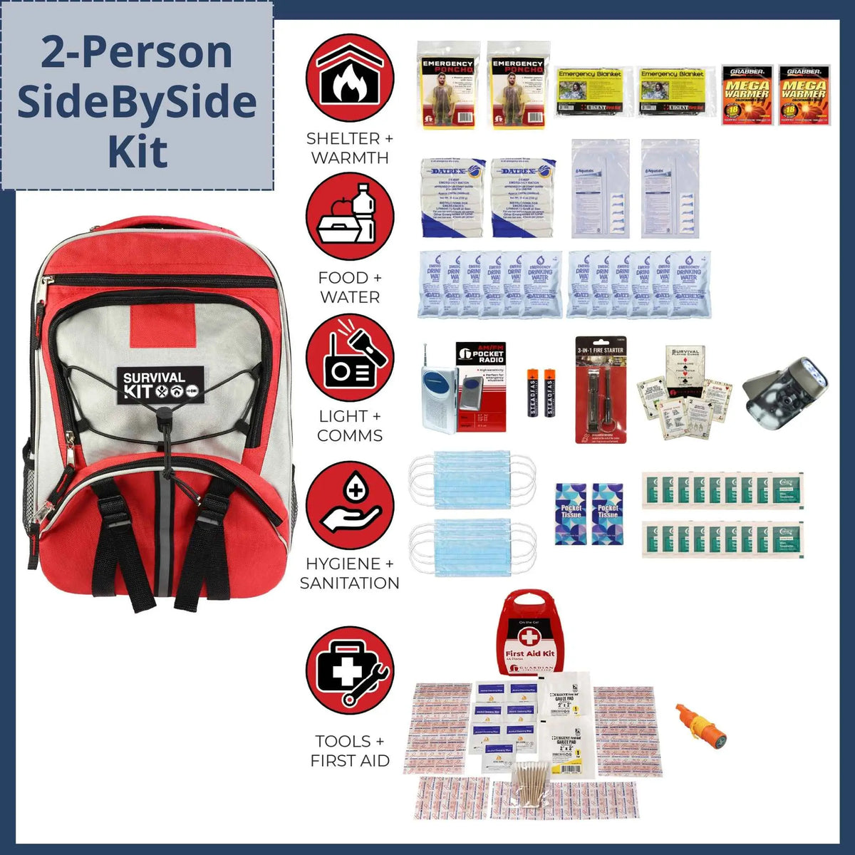 flatlay image of 2 person sidebyside kit with entire contents showing