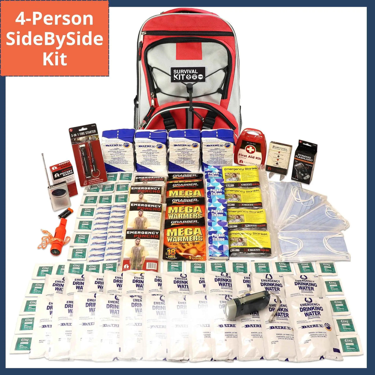 4 person sidebyside emergency survival kit with contents displayed in front of bag