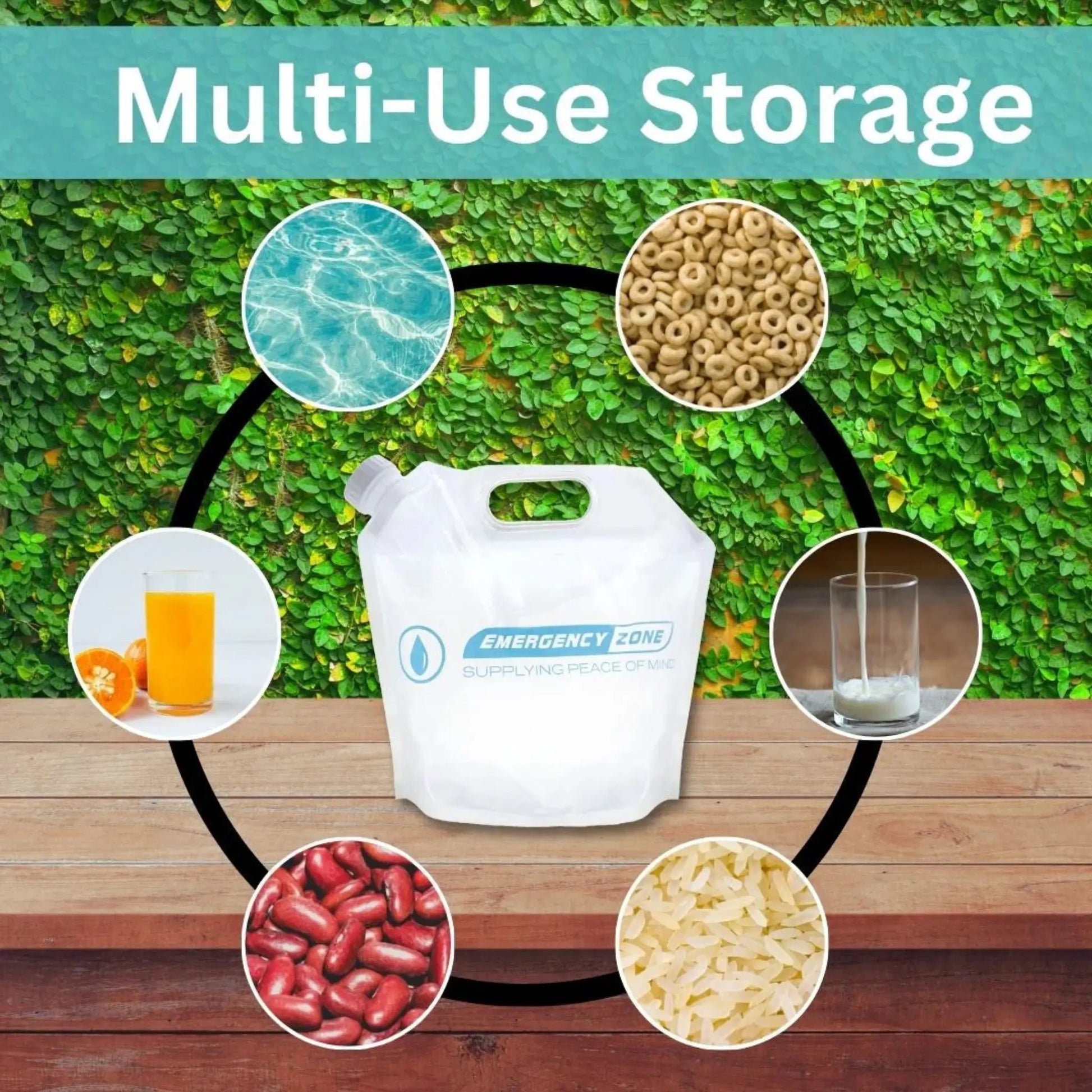 A white Emergency Zone multi-use storage bag sits on a wooden surface with a green leafy wall background. A teal banner at the top reads 'Multi-Use Storage.