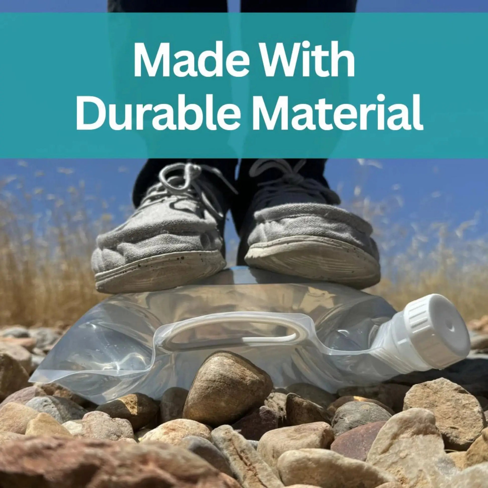 Person wearing durable shoes stepping on a transparent plastic bag with text 'Made With Durable Material' on a rocky ground.