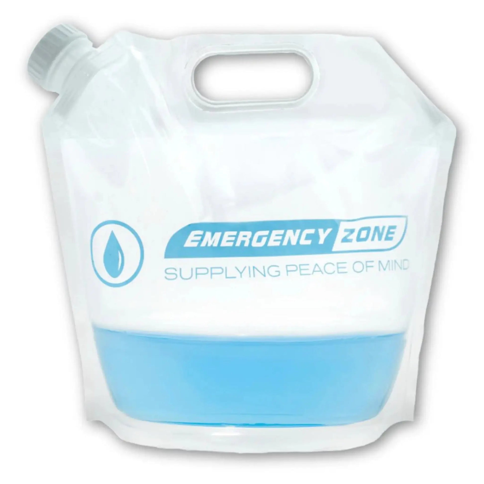 A flexible emergency water filter pouch with a handle and spout cap, filled with light blue liquid. The pouch features the text 'EMERGENCY ZONE' and 'SUPPLYING PEACE OF MIND' printed in blue on the front.