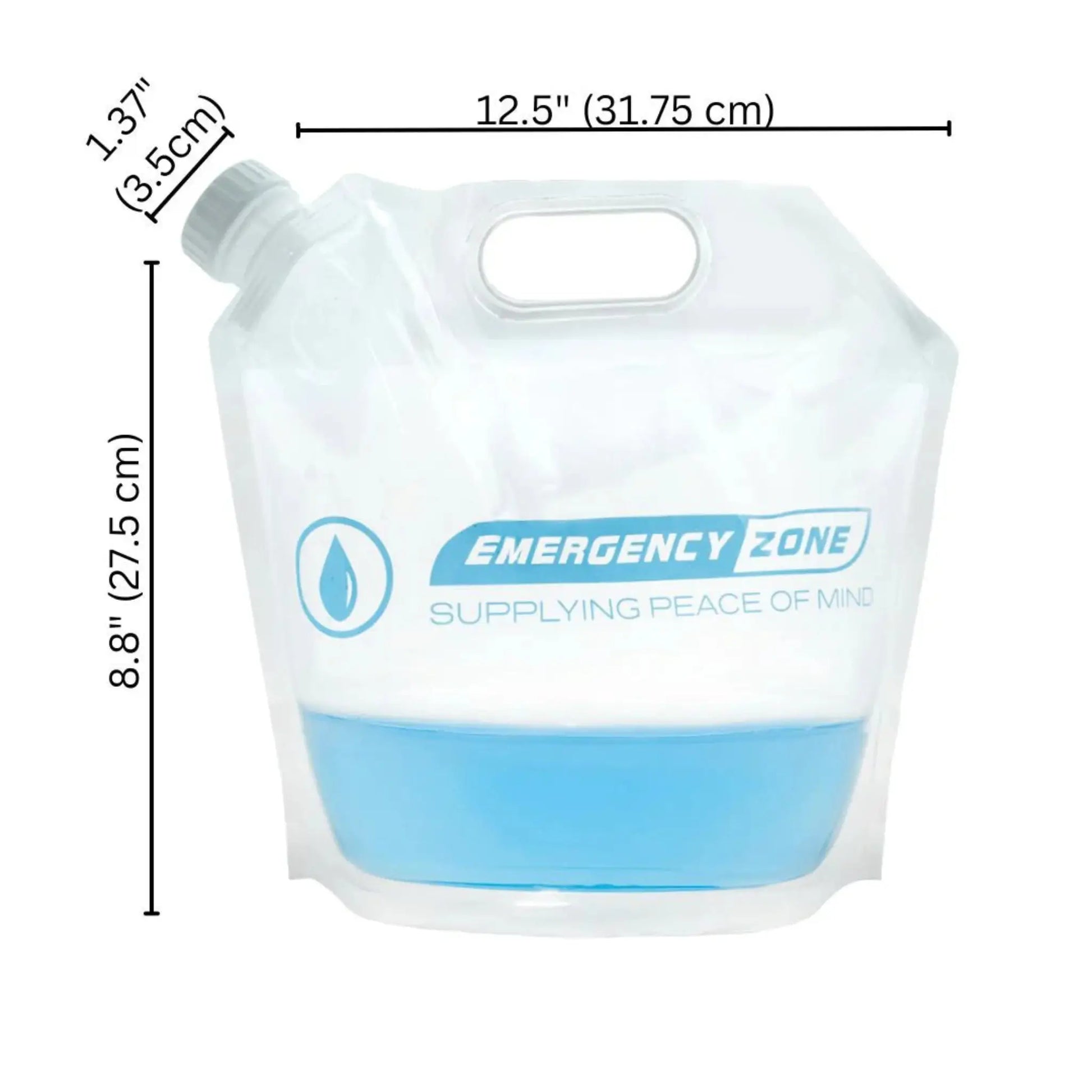 Measurement chart of a water pouch with 'Emergency Zone' branding on a white background