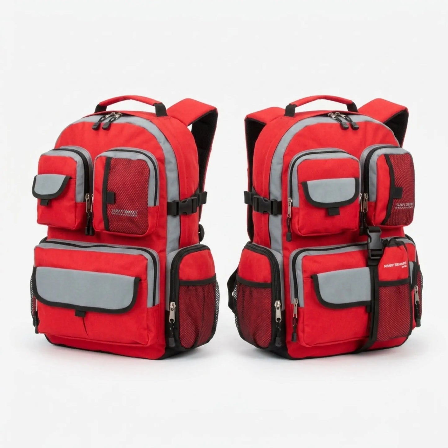 Two red backpacks with gray accents on a white background