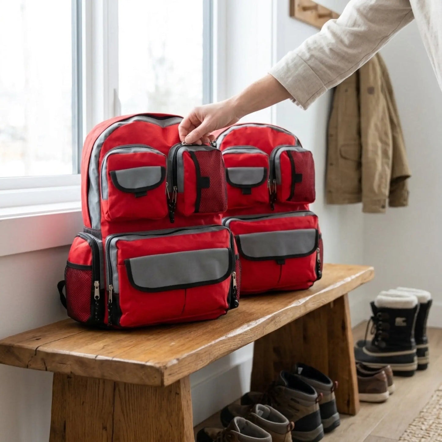 Red backpacks on a wooden bench with a person's hand reaching towards it for whole household bundles