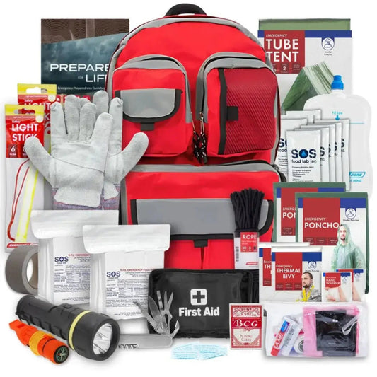 family emergency survival bag the guardian go bag 2 person kit with all contents displayed around it for bundle kits