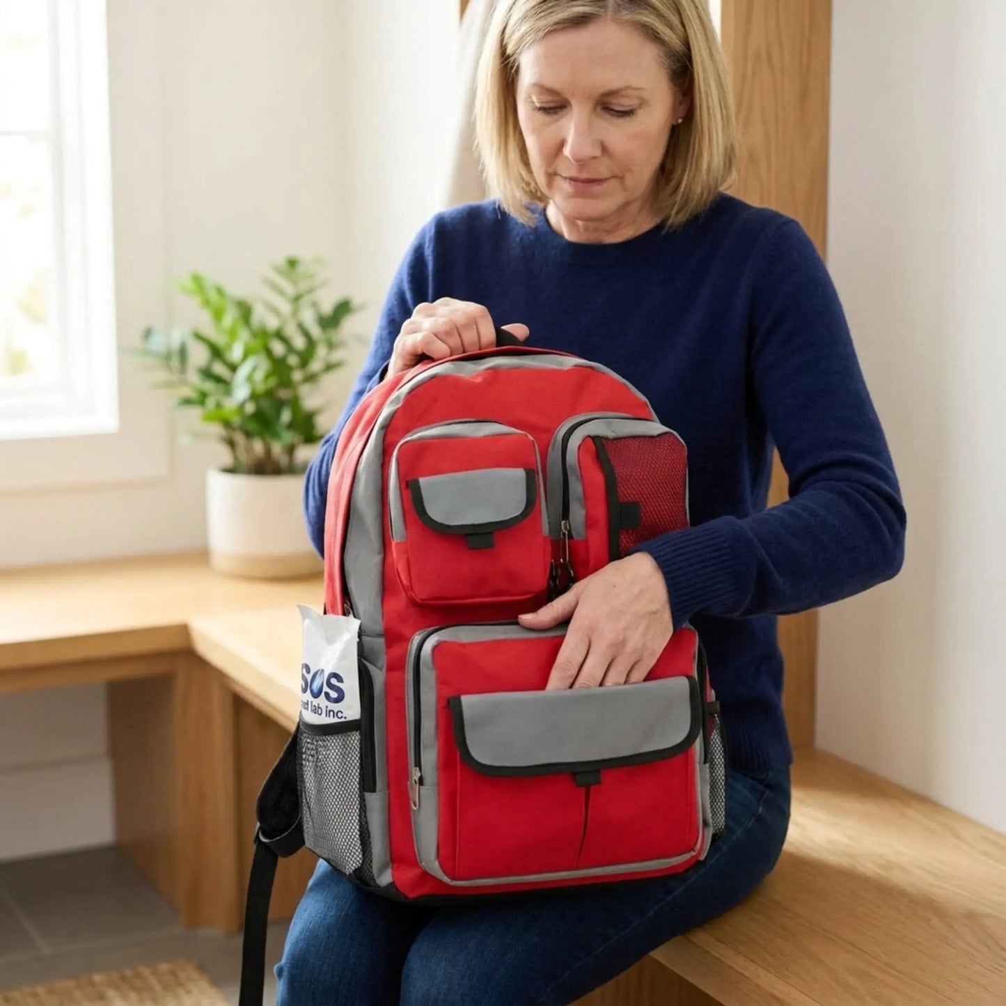 Woman sitting on a wooden bench with a red and gray backpack, holding it open.