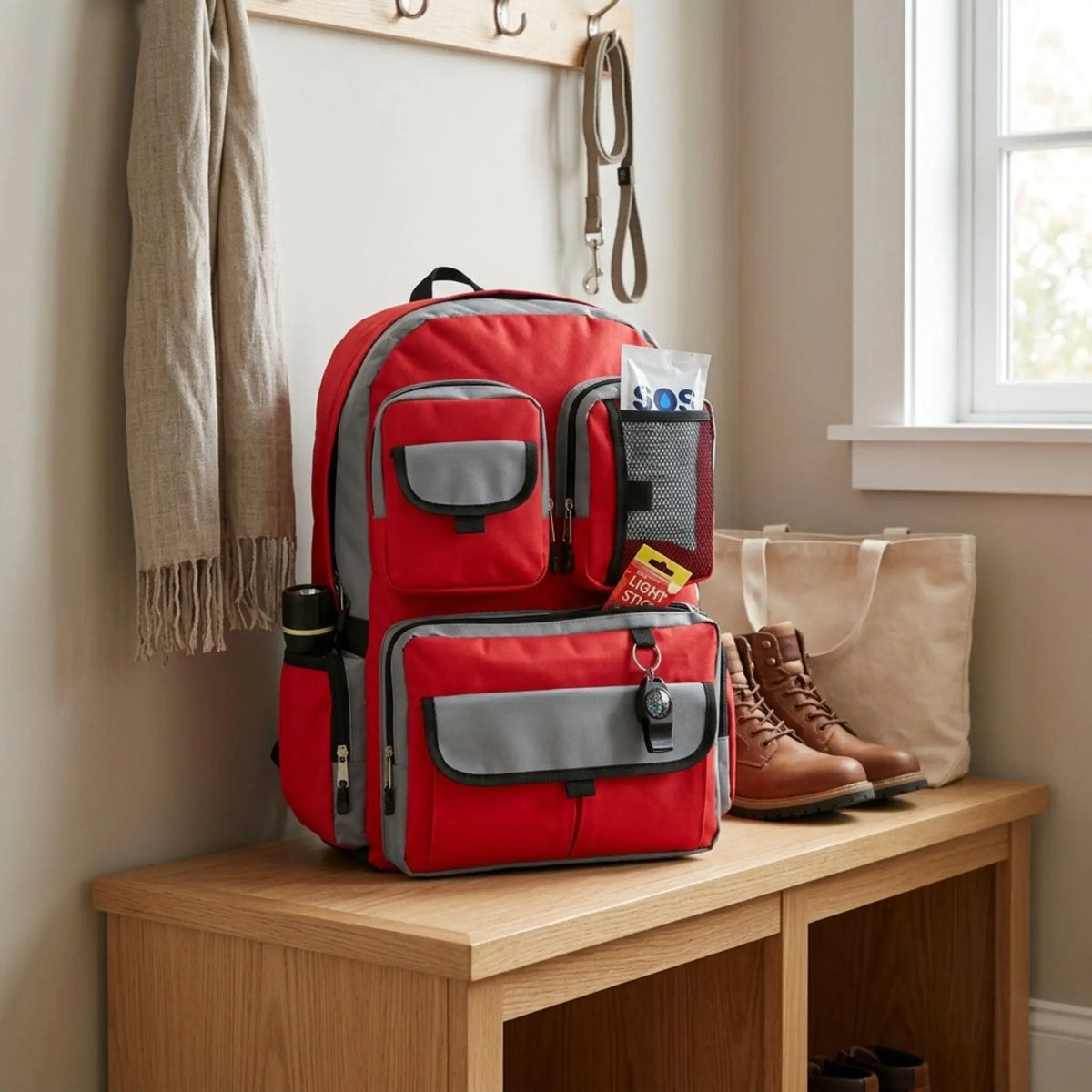 Red and gray backpack on a wooden bench with shoes and a bag in the background.