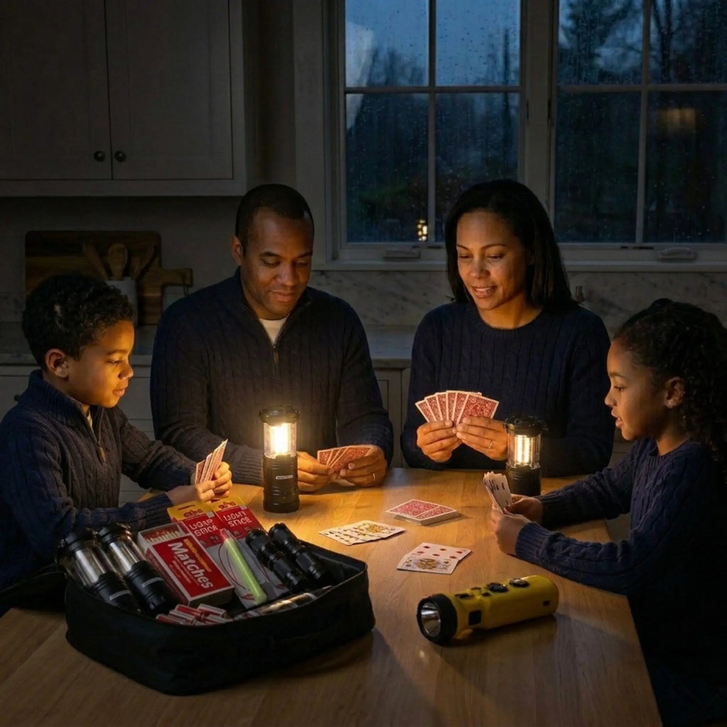 Family playing cards by lantern light in a darkened room using the staylit kits