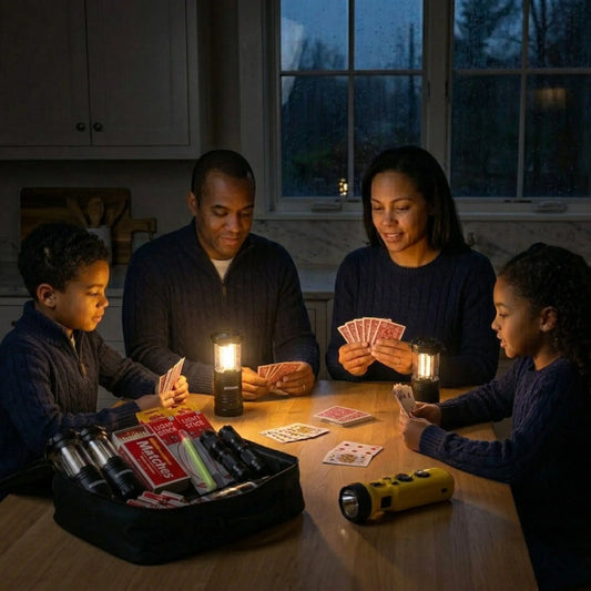 Family playing cards by lantern light in a darkened room using the staylit kits