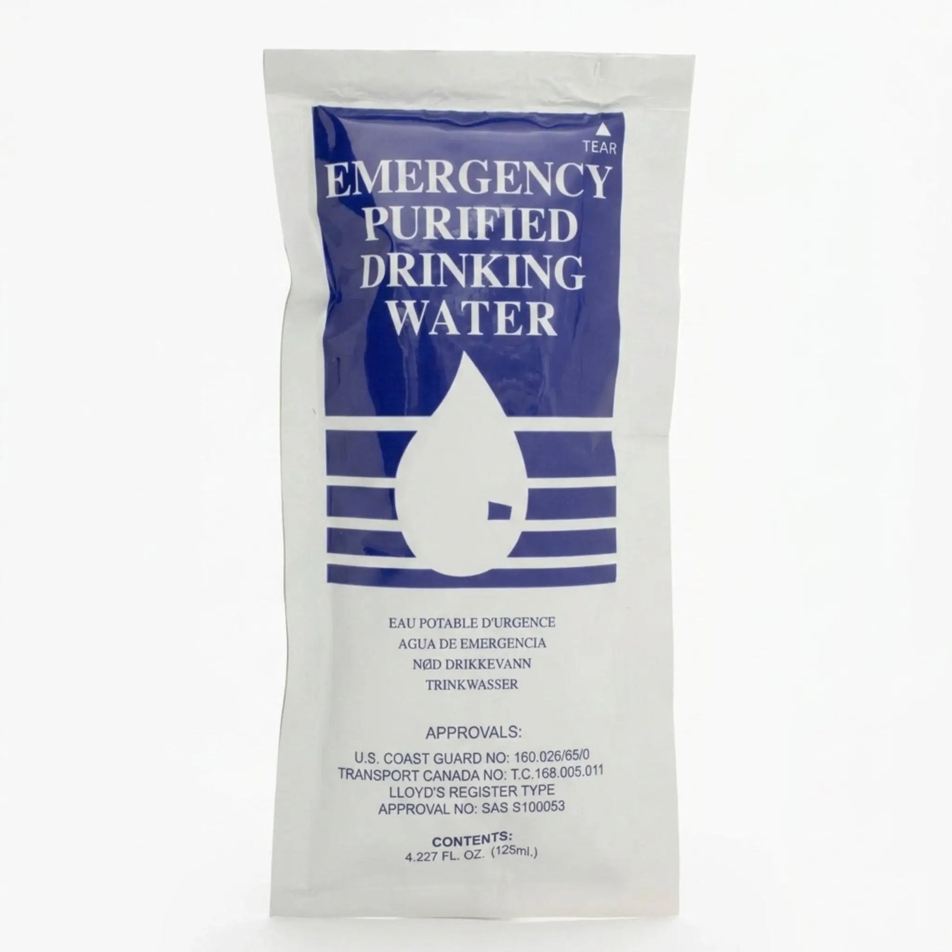 A single emergency purified drinking water pouch on a plain white background. The pouch is white with a large blue label featuring a water droplet graphic and white text reading 'EMERGENCY PURIFIED DRINKING WATER'.
