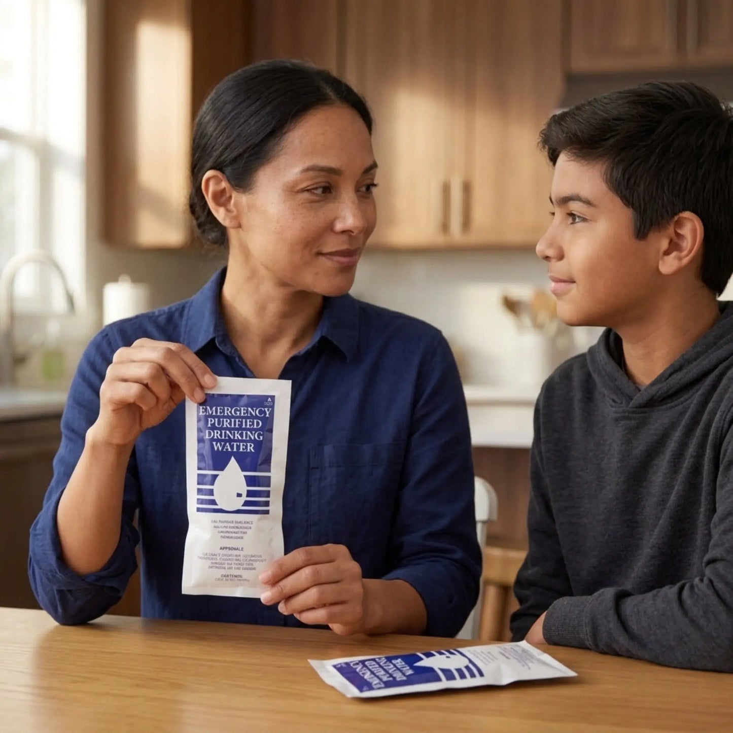 A woman and a boy sitting at a wooden table in a kitchen setting, with the woman holding an emergency filtered drinking water packet.