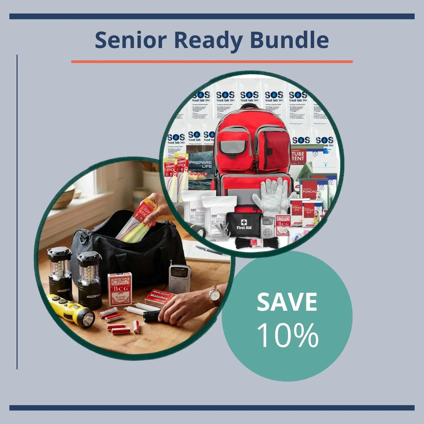 Senior Ready Bundle with emergency supplies on a light blue background