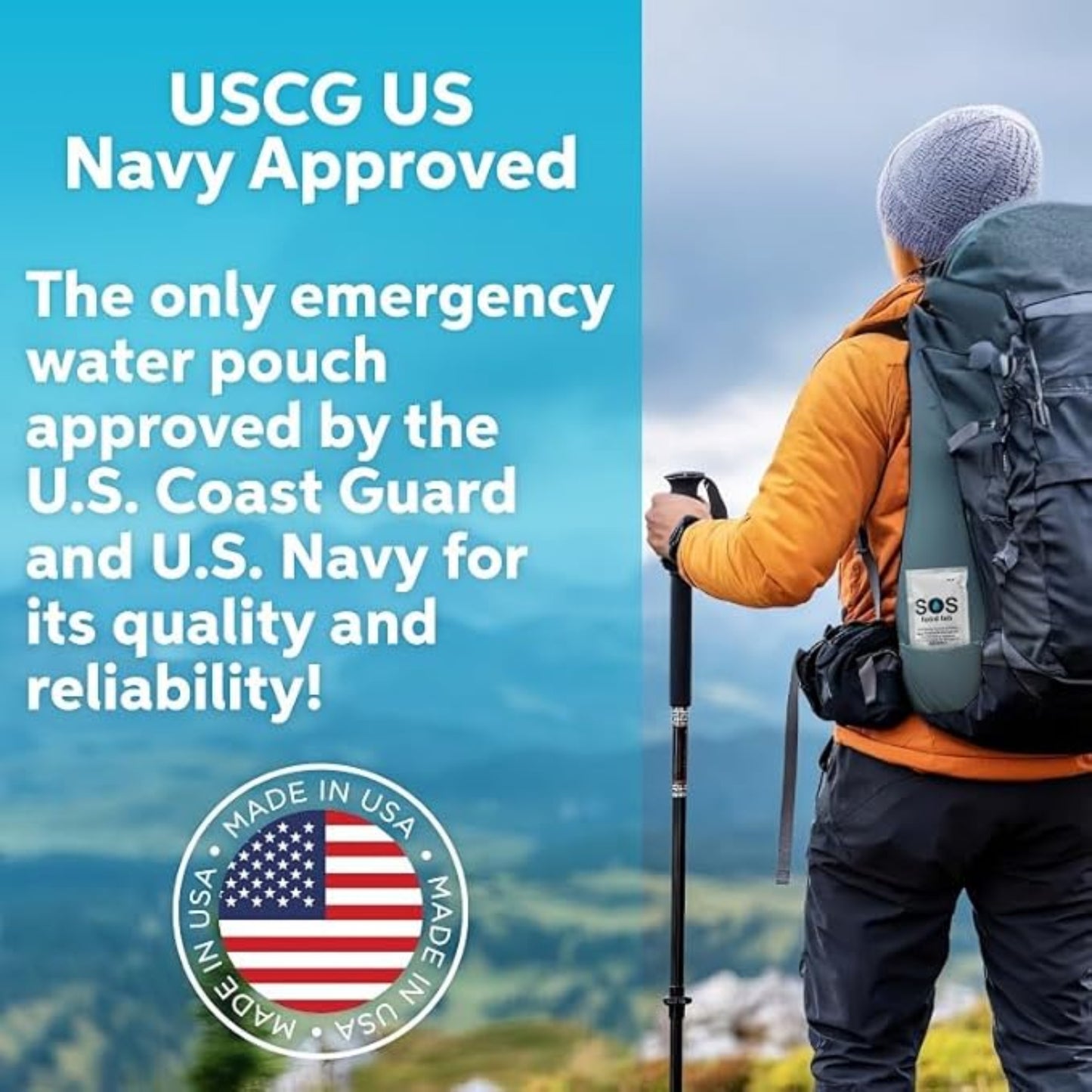 Person with a backpack and hiking poles, with text about USCG and Navy approval.