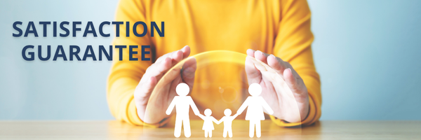 Person holding a family figure with 'Satisfaction Guarantee' text on a light blue background for FAQ section