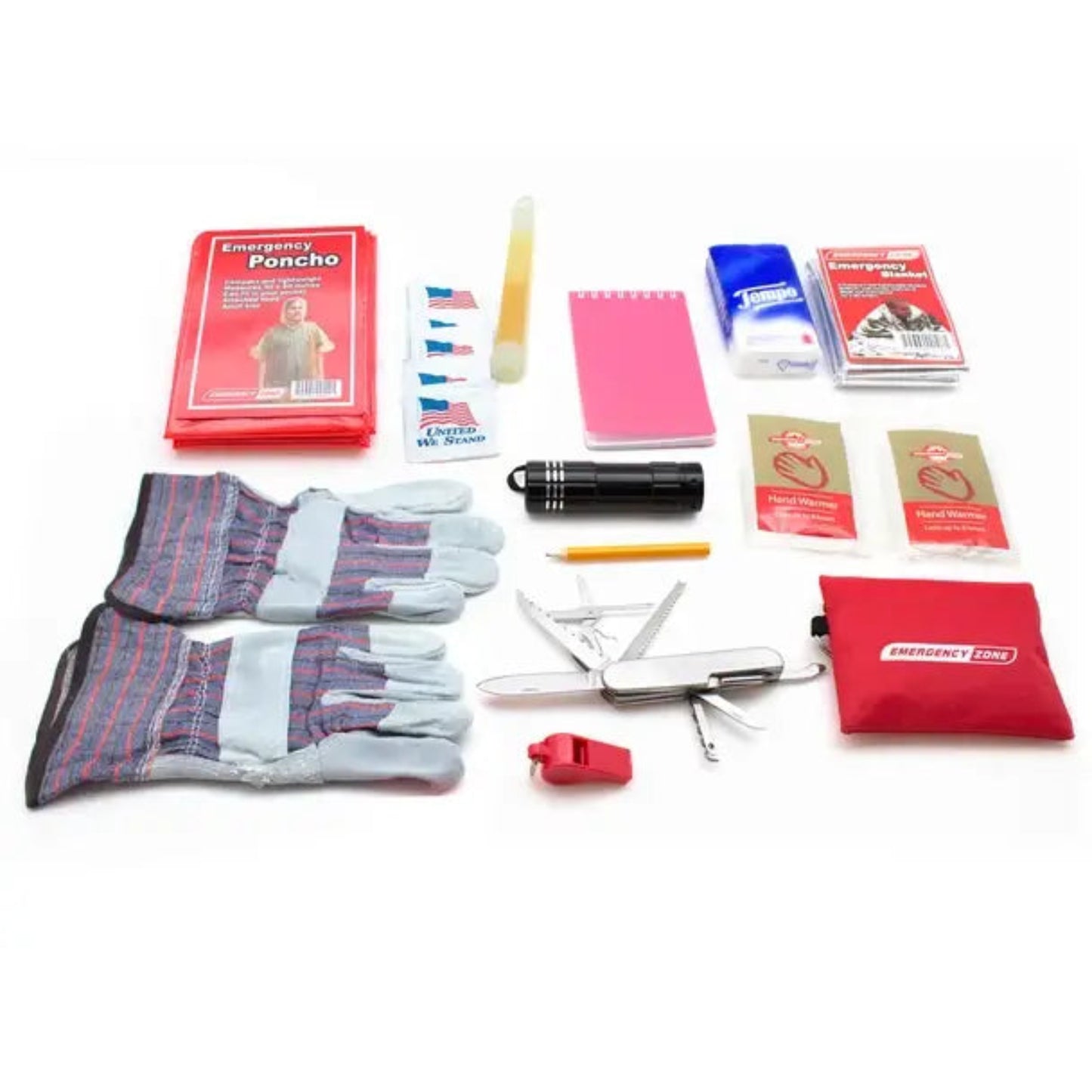 An emergency preparedness kit laid out on a white background, including a red poncho, work gloves, a pocket knife, whistle, flashlight, notebook, first-aid items, and a red pouch labeled Emergency Zone.