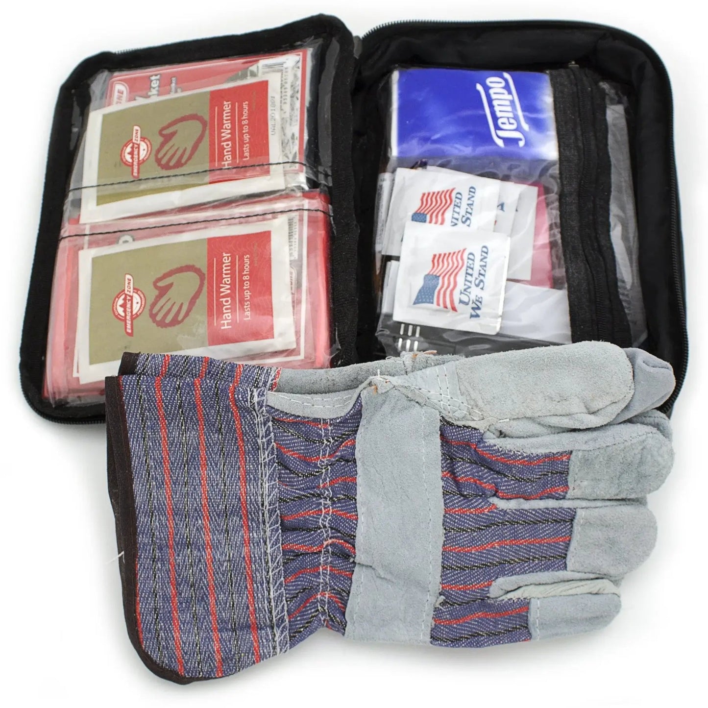 A work glove kit displayed in an open black zippered case on a white background. The kit includes a pair of striped work gloves with gray palms and blue/red striped sections, along with packaged hand warmers and a blue Tempo box inside clear plastic sleeves.