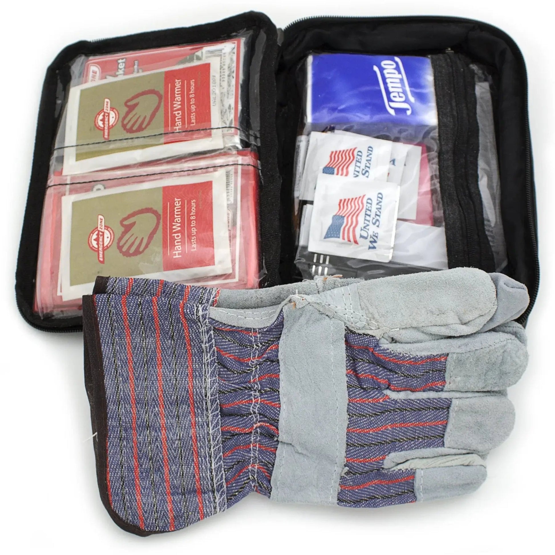 A work glove kit displayed in an open black zippered case on a white background. The kit includes a pair of striped work gloves with gray palms and blue/red striped sections, along with packaged hand warmers and a blue Tempo box inside clear plastic sleeves.