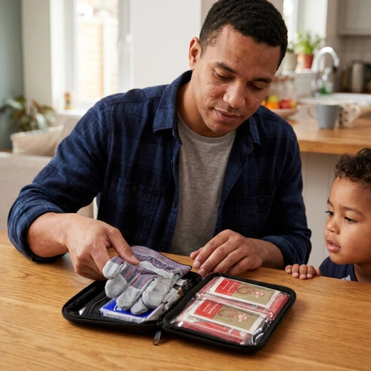 A man and a child sit at a wooden table in a kitchen setting, looking into an open black zippered first aid kit. The man is wearing a blue plaid shirt over a gray t-shirt, and the kit contains various medical supplies including a gray glove and red-and-white packets.