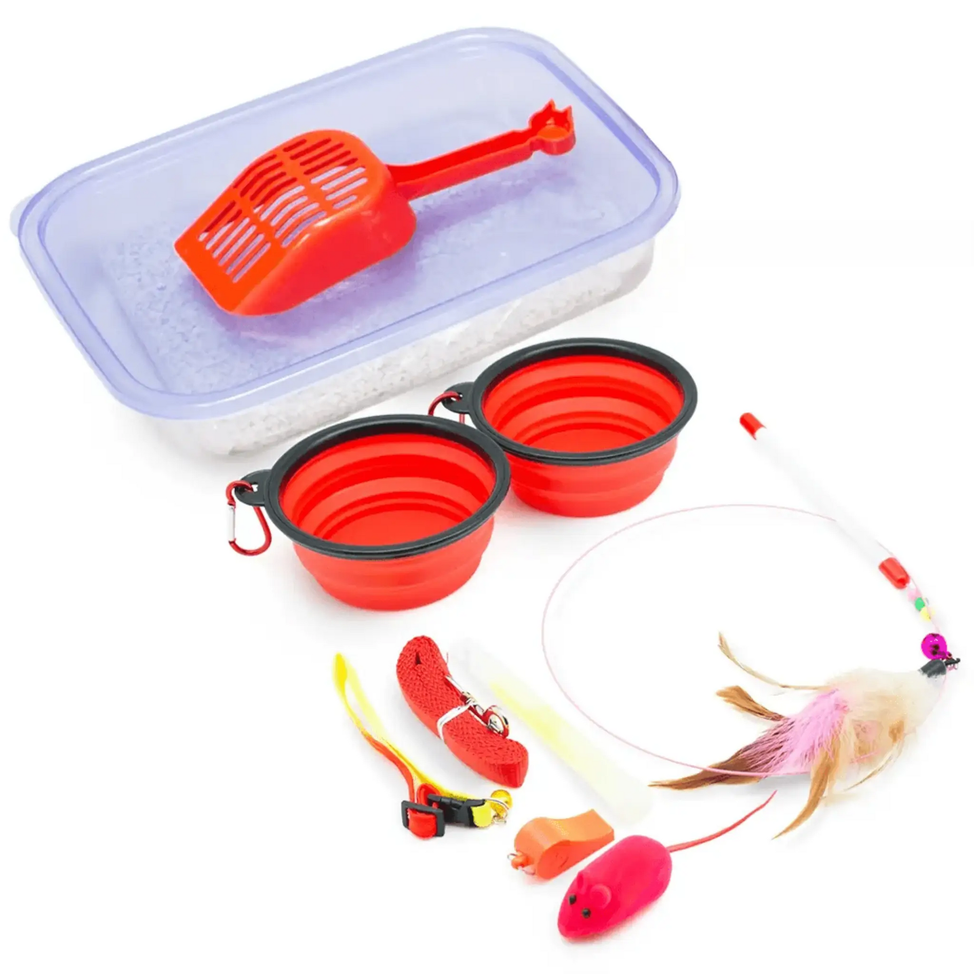cat emergency kit showing cat collapsible feeding bowls and litterbox and toys