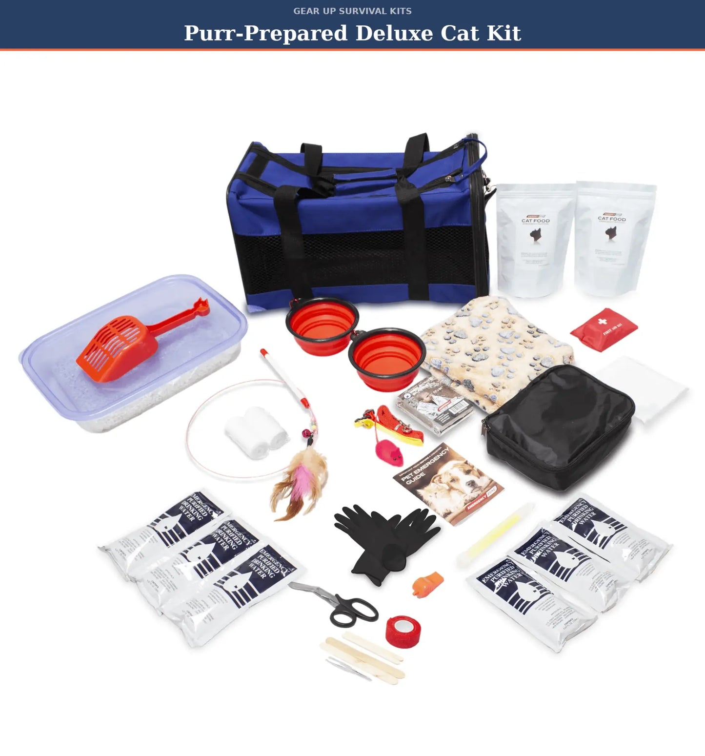 deluxe cat emergency kit the purr prepared with all contents shown laid out