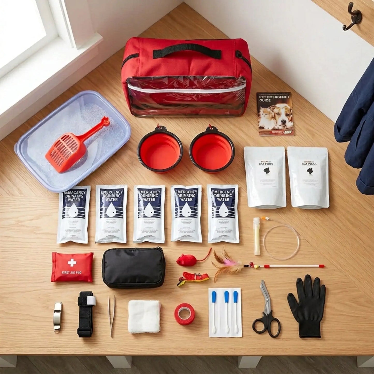 contents of cat survival kit laid out on floor making it easy to view