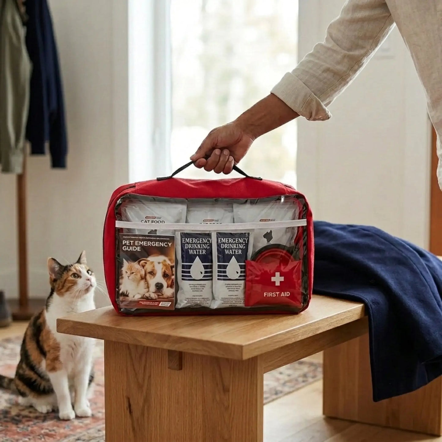 full kit in bag with dad holding handle with it sitting on bench with cat in background