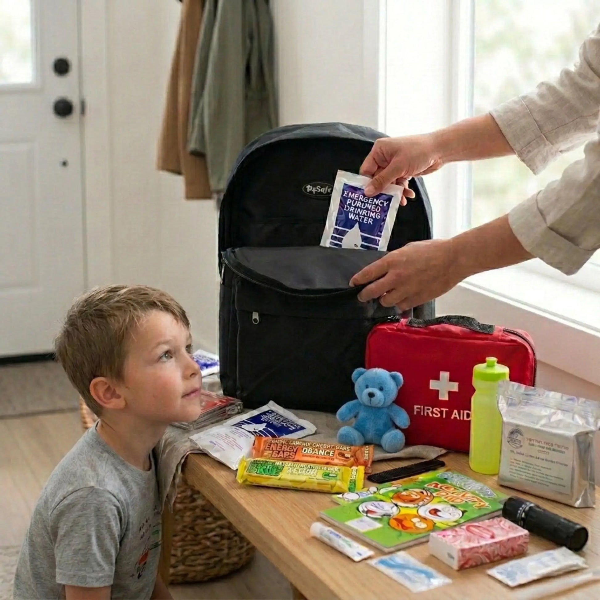 child watching mother pack his emergency survival kit