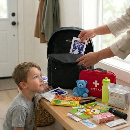 child watching mother pack his emergency survival kit