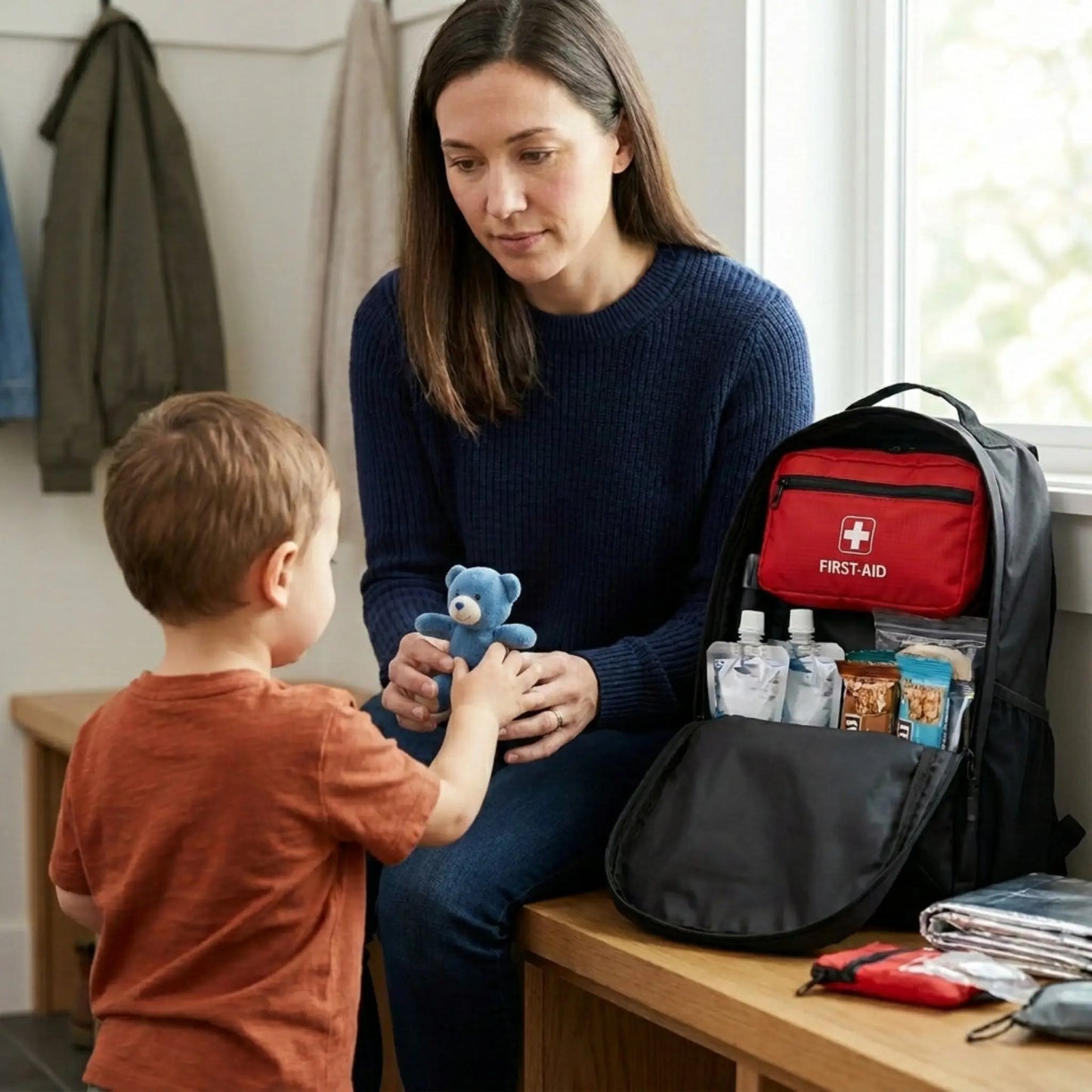 mother showing her son the bear included in the childrens survival backpack