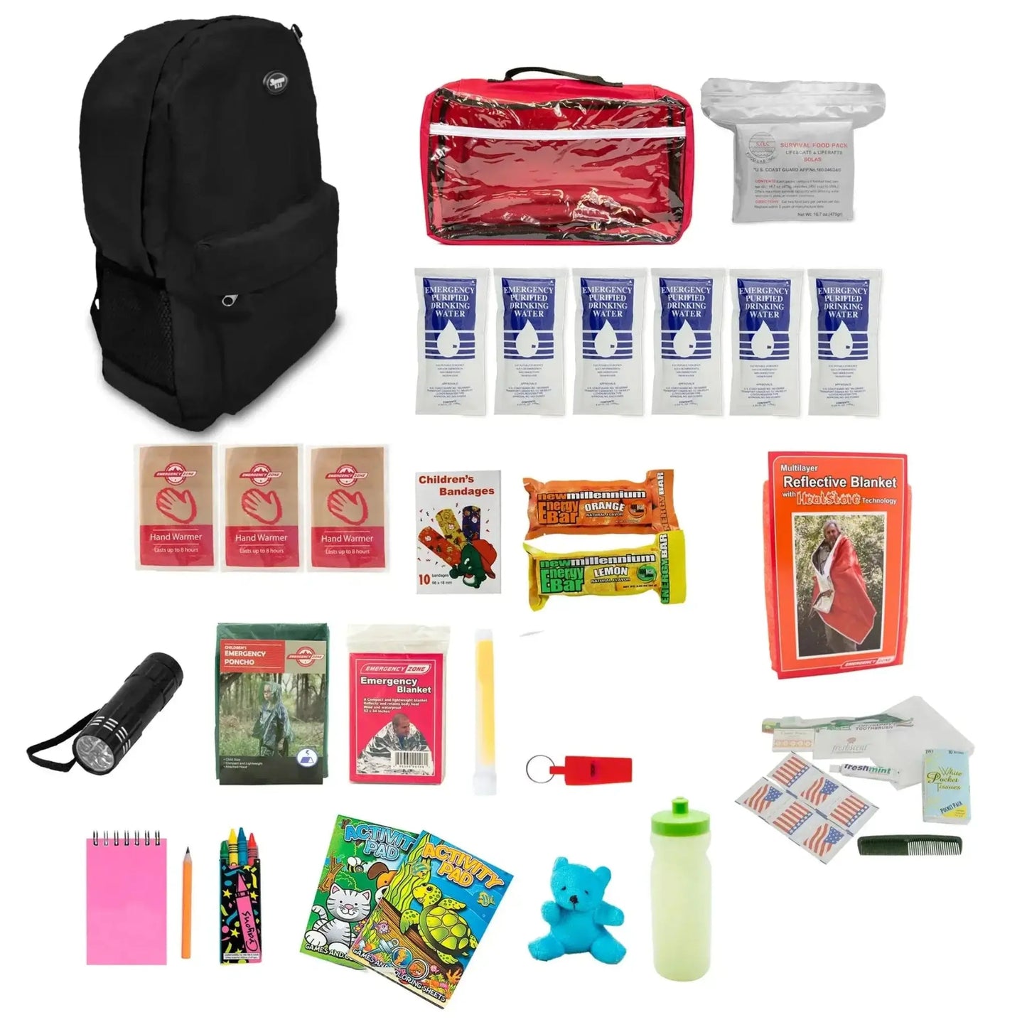 childrens survival backpack in black with contents shown