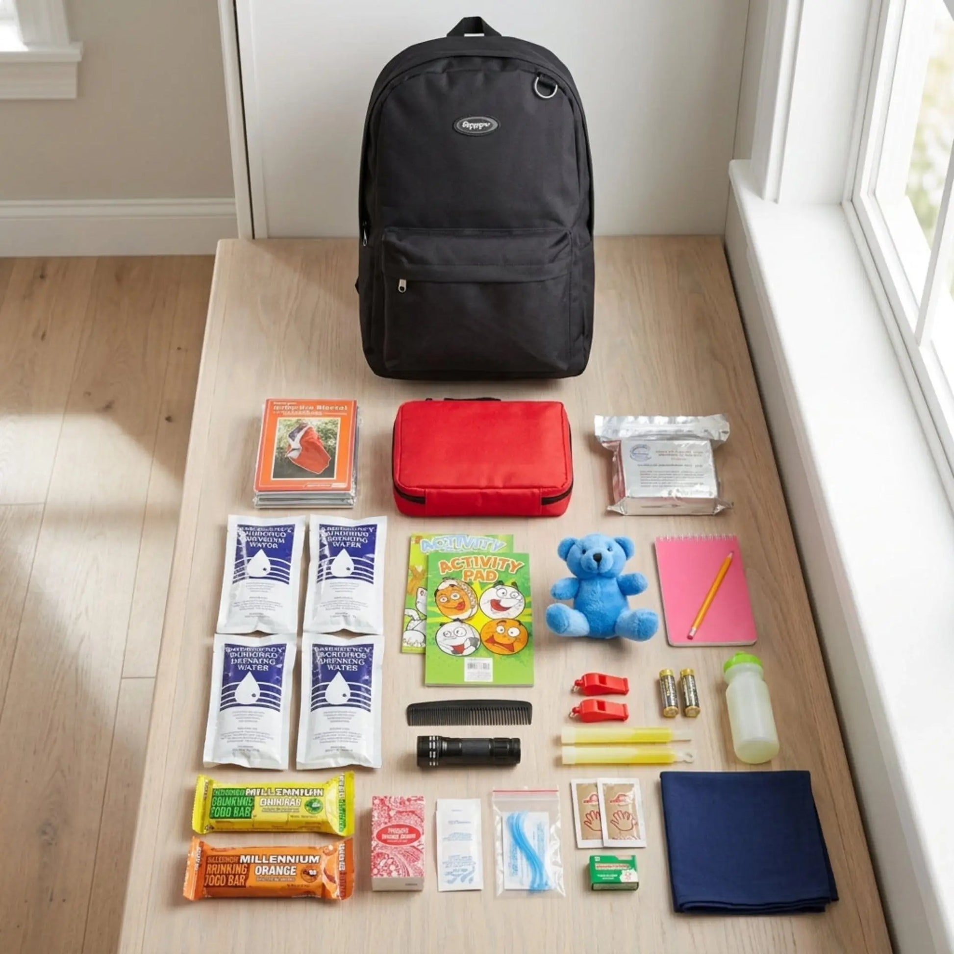 black childrens survival kit with contents on floor next to it for easy viewing
