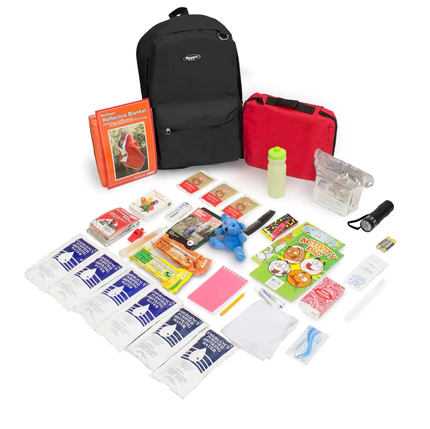 childrens black survival backpack junior readypack showing contents laid out