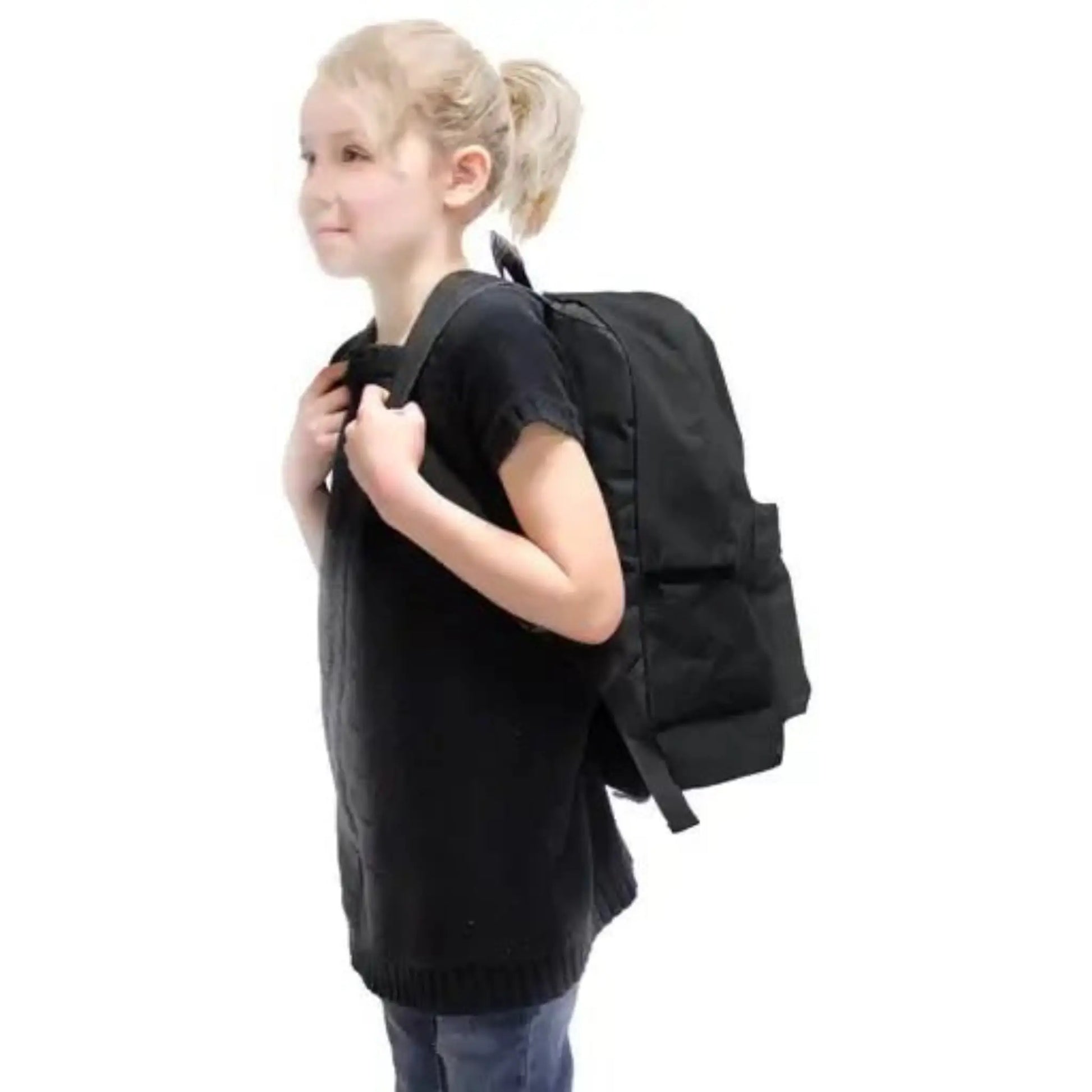 childrens survival backpack junior readypack in black and worn by child