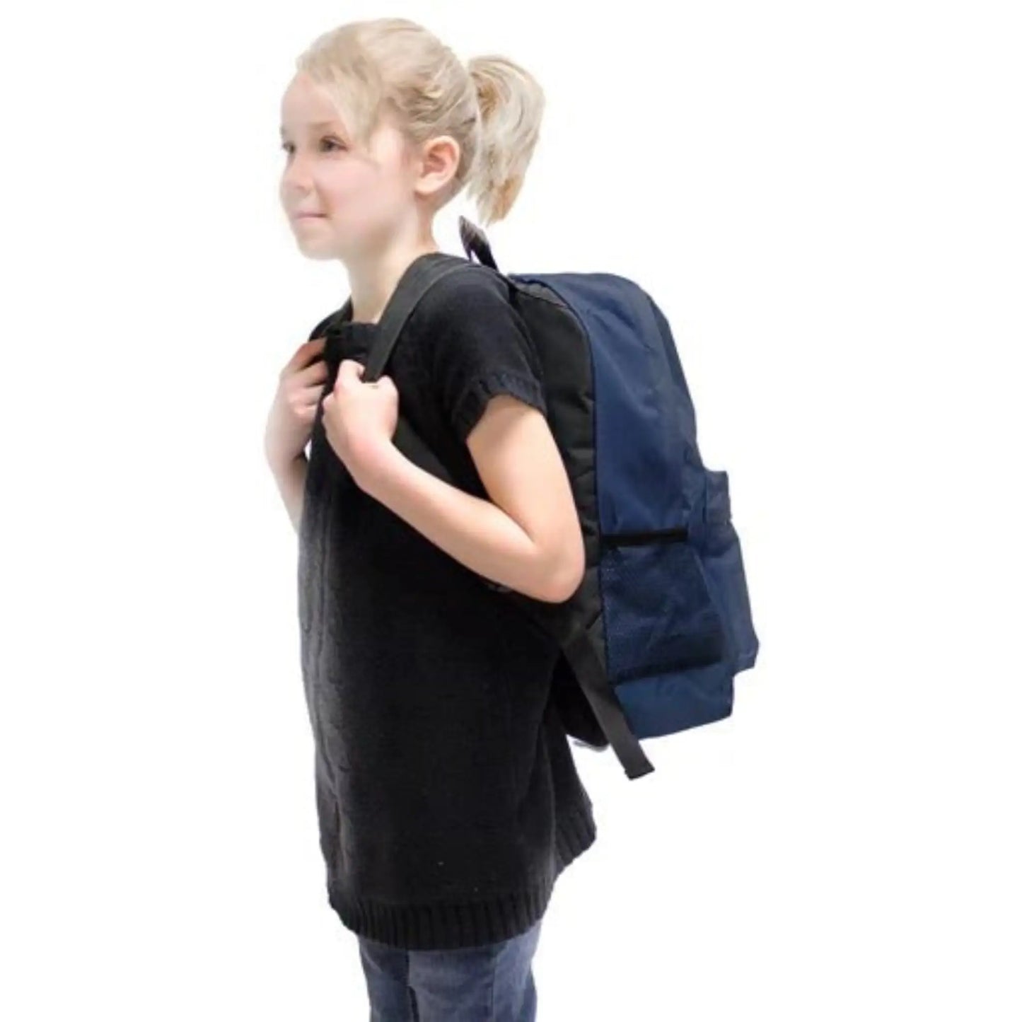 childrens survival backpack junior readypack being worn by child and shown in navy color
