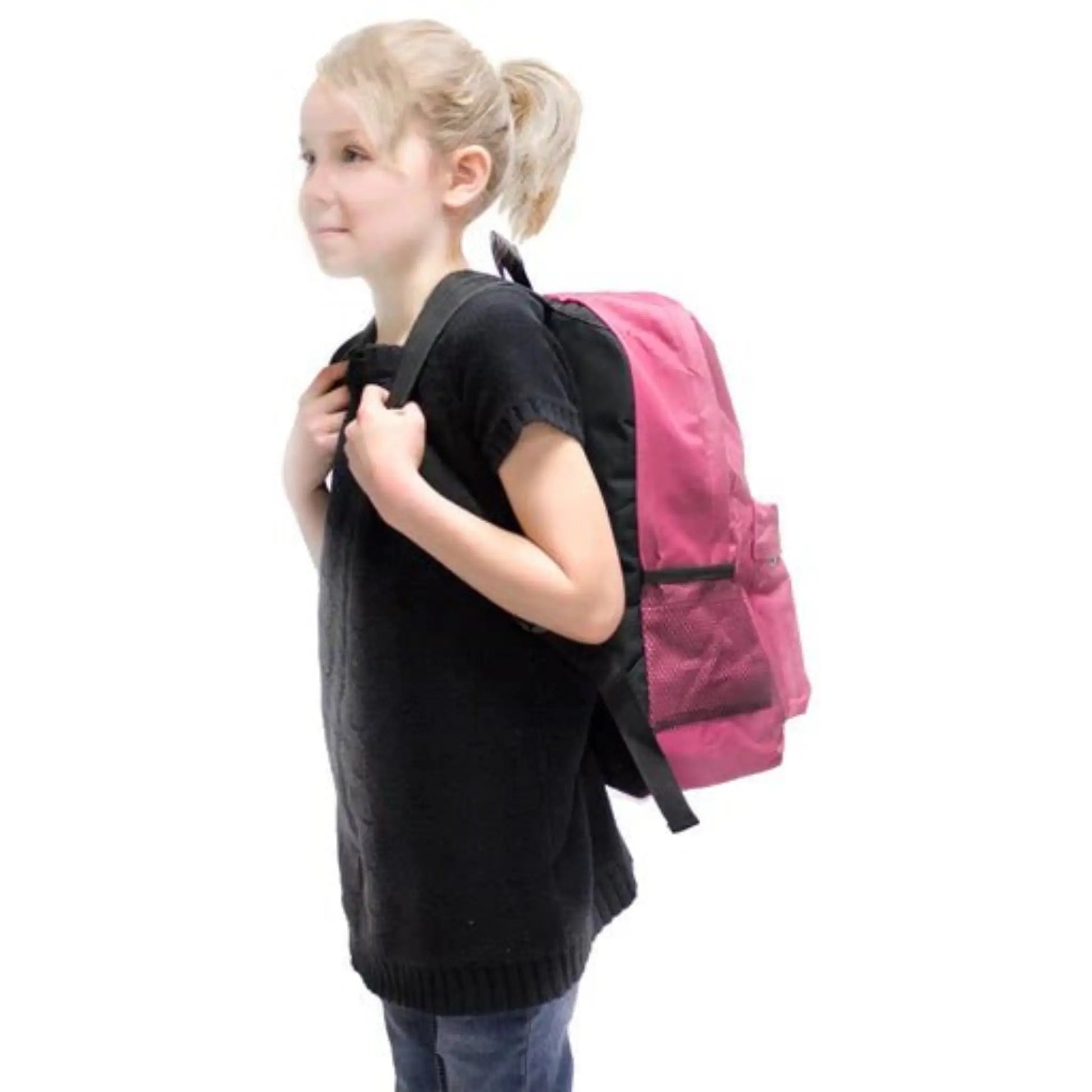 childrens survival backpack junior readypack being worn by child and shown in pink color