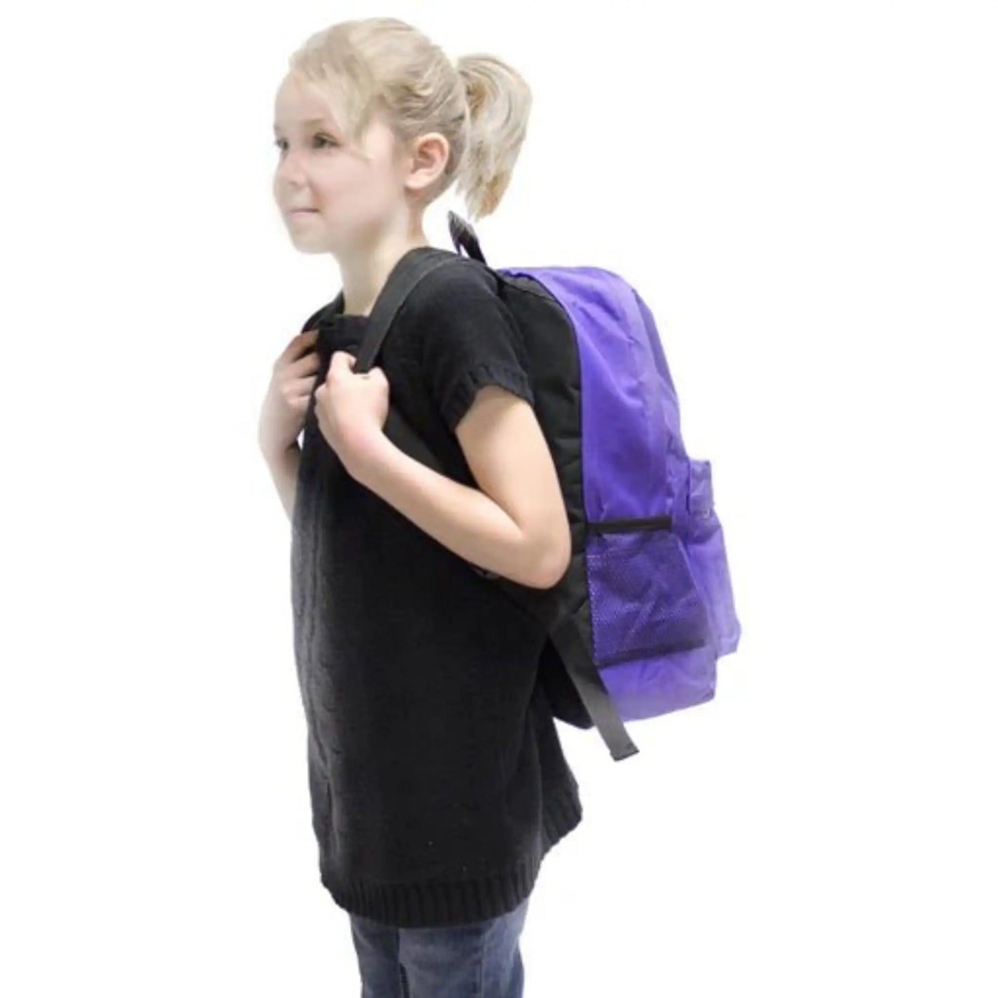 childrens survival backpack junior readypack being worn by child and shown in purple color