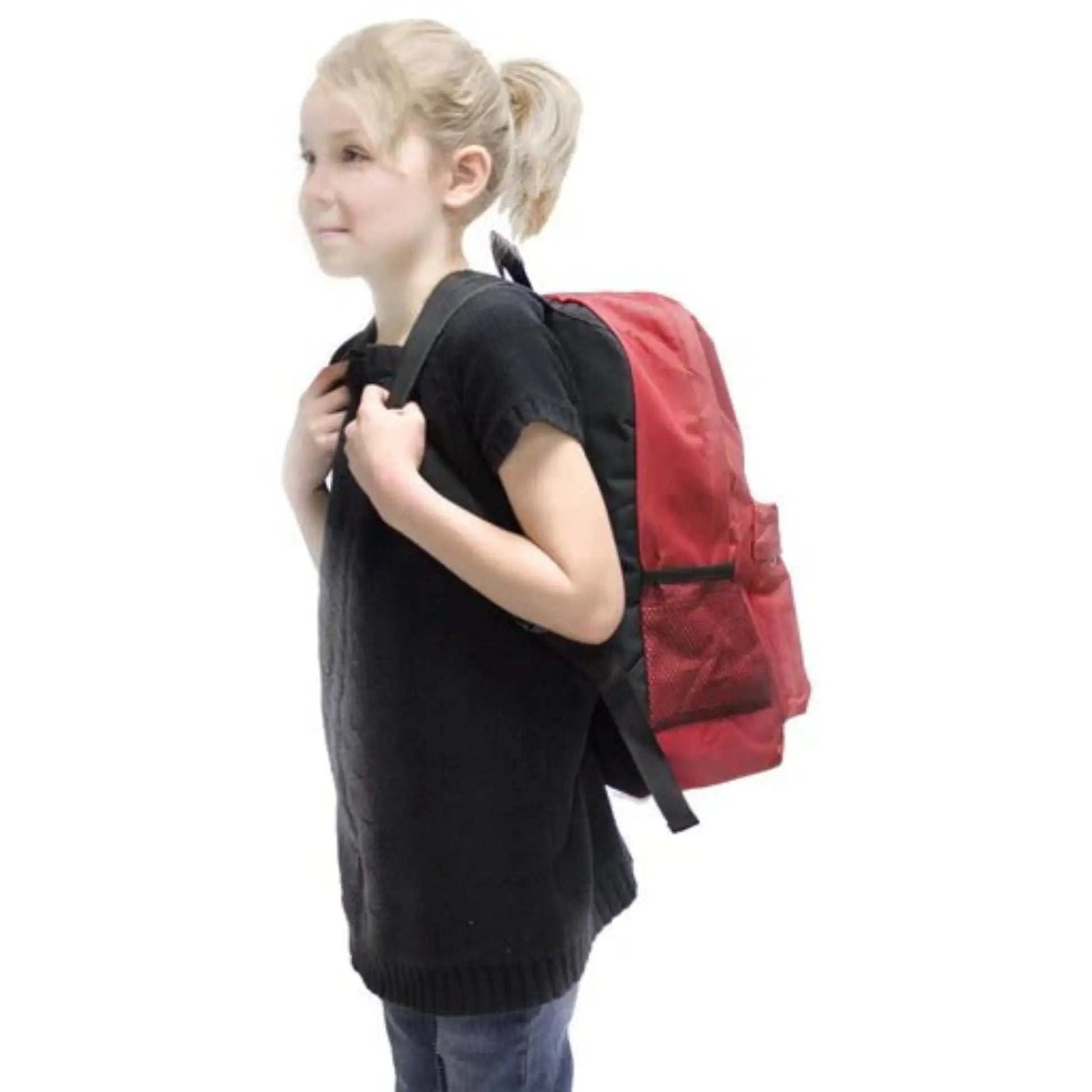 childrens survival backpack junior readypack being worn by child and shown in red color