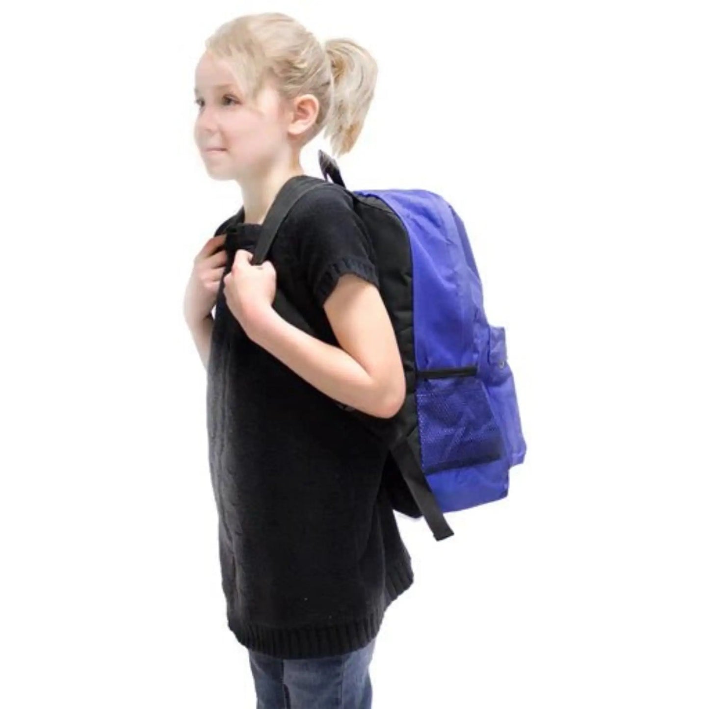 childrens survival backpack junior readypack being worn by child and shown in royal blue color