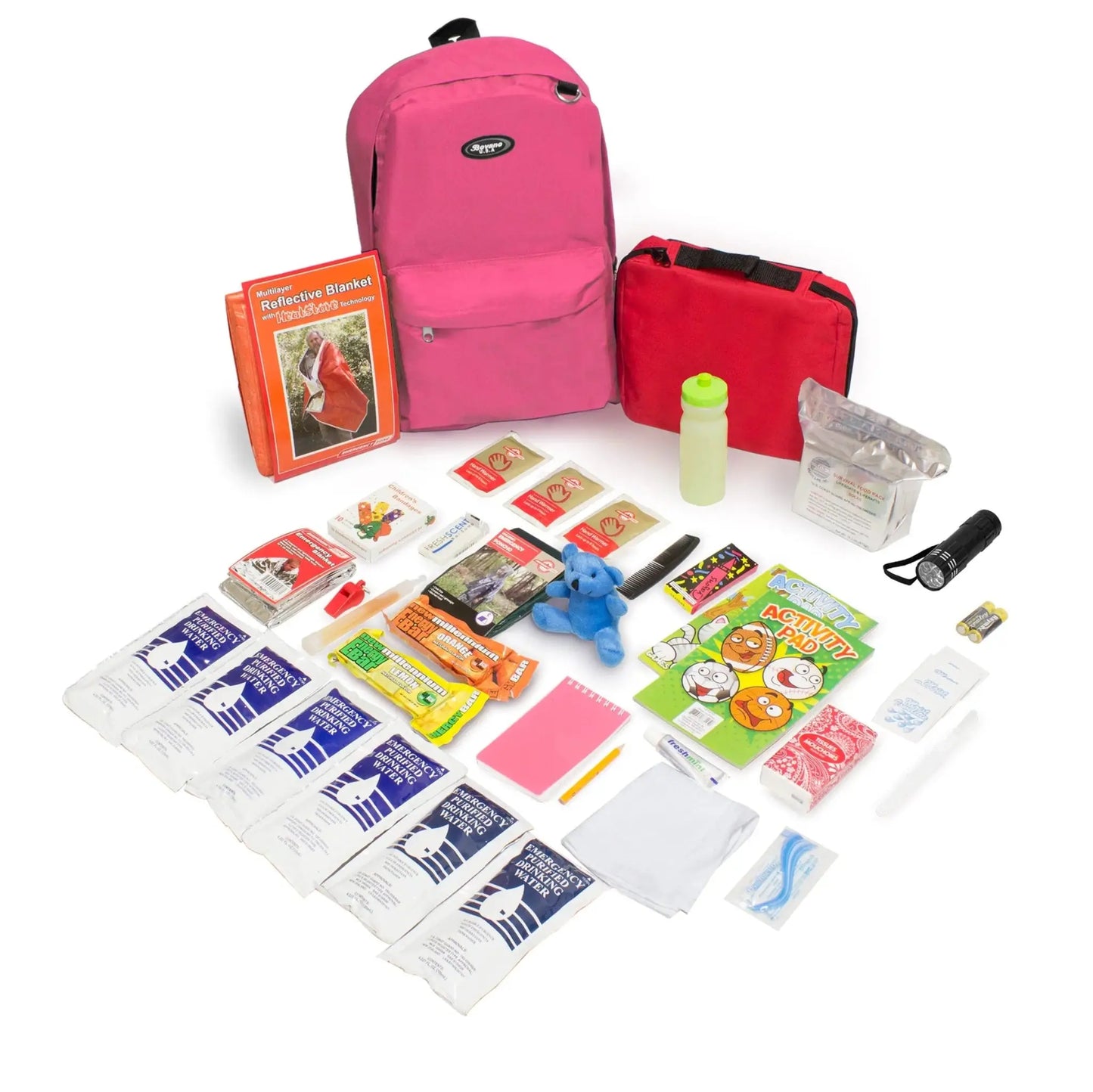 childrens survival backpack in pink showing contents from a different angle