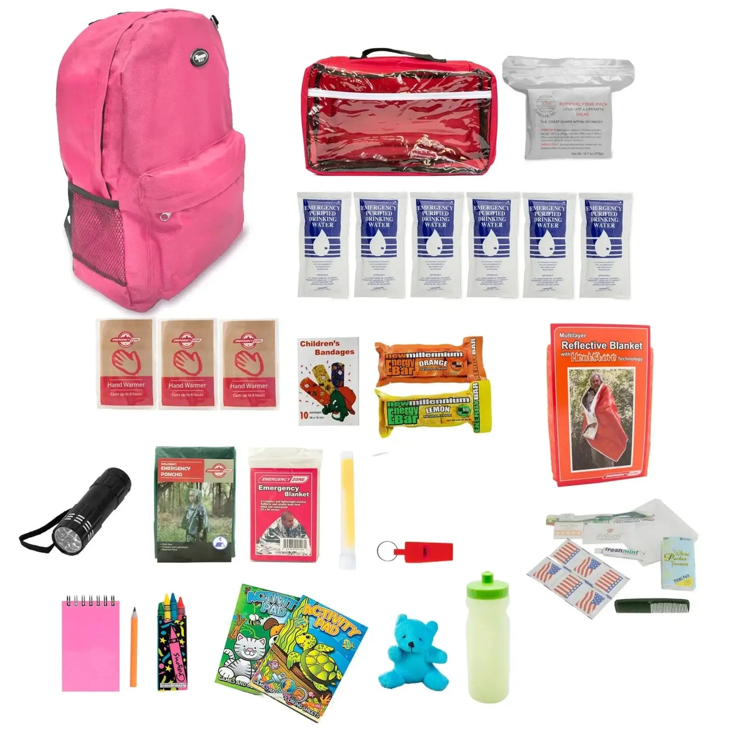 childrens survival backpack in pink showing contents