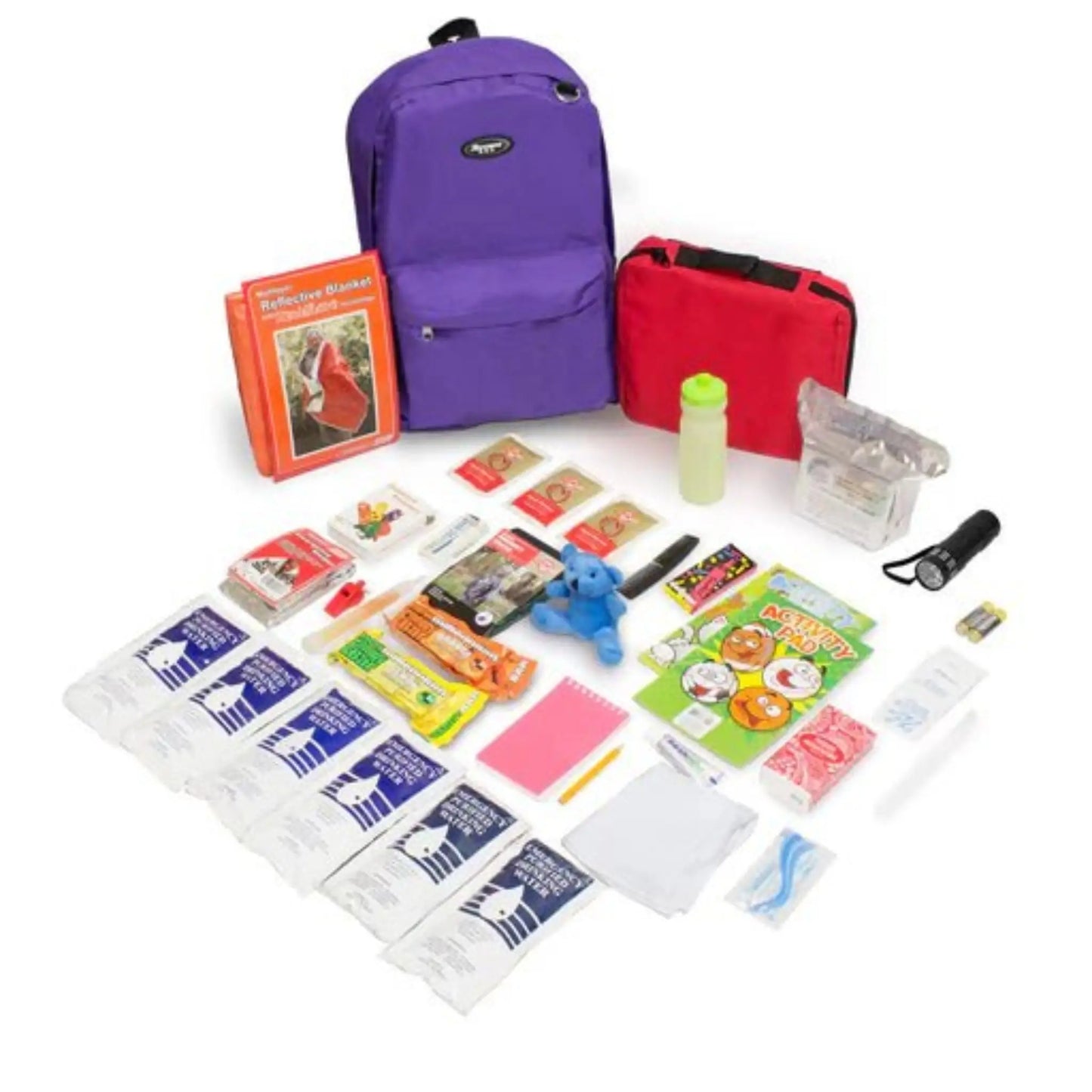 childrens survival backpack in purple with contents shown