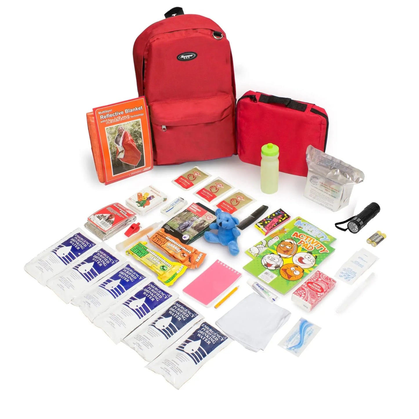 childrens survival backpack in red showig all of the contents in a different angle