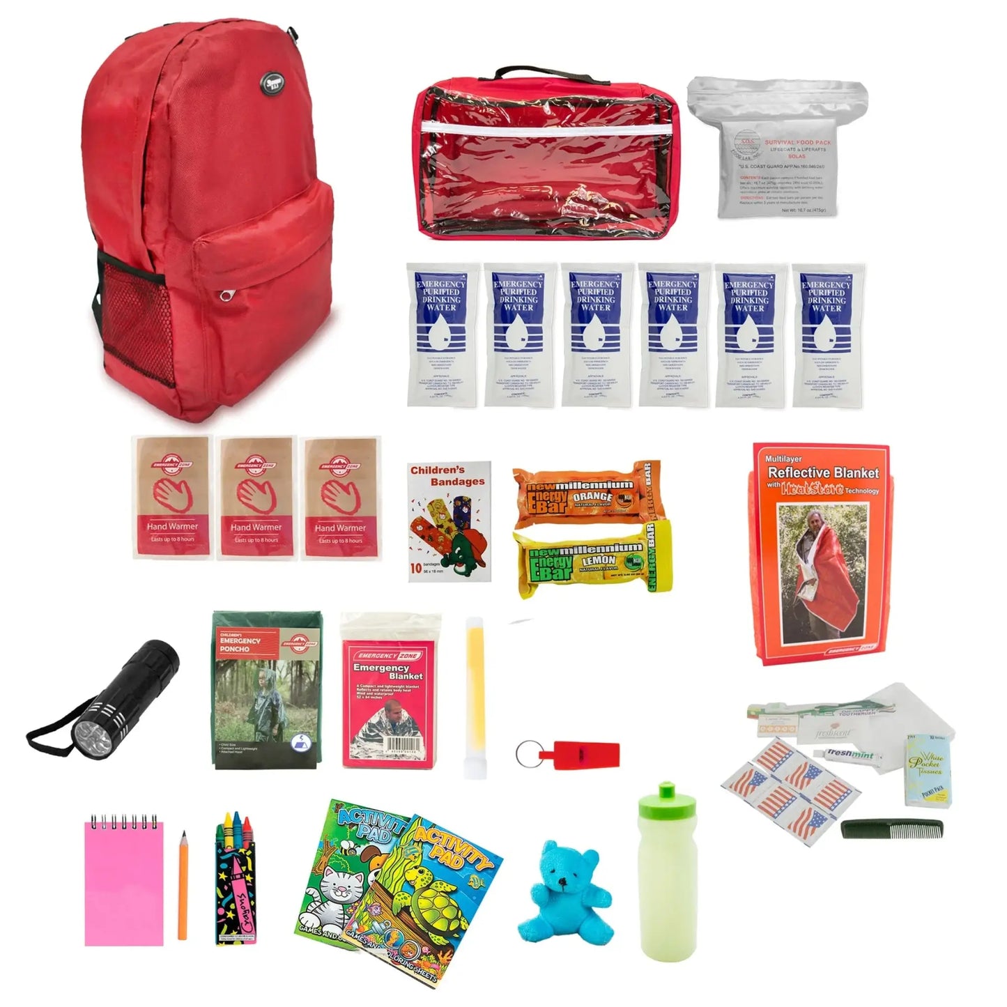 childrens survival backpack in red showing contents