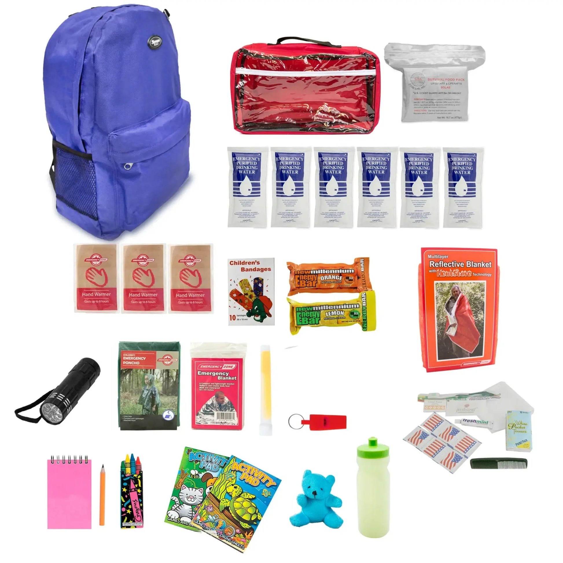 childrens survival backpack in blue showing contents in detail