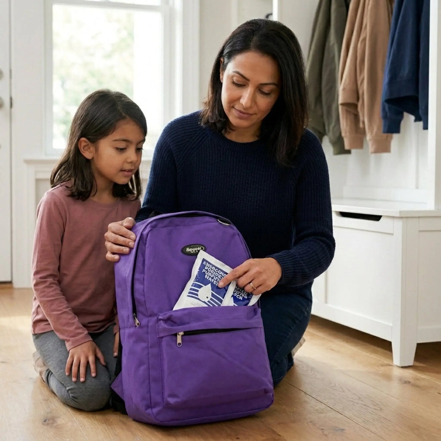 woman and daughter looking at purple emergency survival backpack for kids together